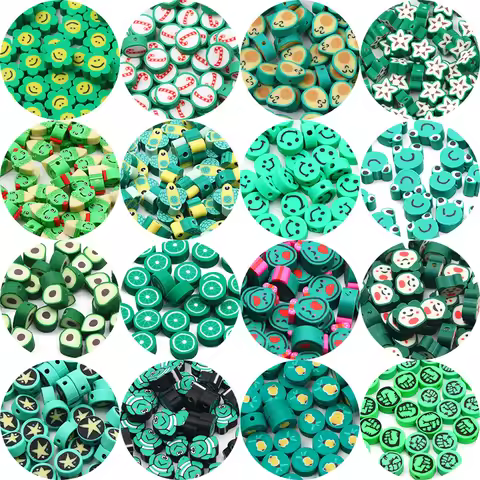 20/50/100pcs Green Clay Kiwi Sunflower Smile Animals Beads Polymer Clay Beads For Jewelry Making Diy