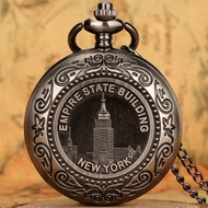 Vintage New York Empire State Building Men Women Quartz Pocket Watch Arabic Number Chain Souvenir