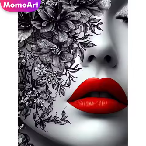 Momoart Diamond Mosaic Woman Portrait DIY Diamond Painting Black Red Suitable for Beginners Craft Ki