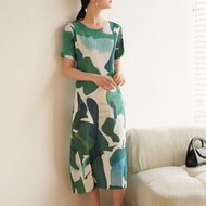 ℗◈ Aiden001 One Size Summer Pleated Large Size Loose Casual Ink Printing Short-Sleeved Printed A-Lin