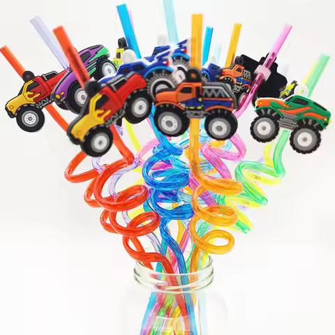 8pcs Monster Truck Drinking Straw for Monster Truck Birthday Party Supplies Reusable Race Car Straw 