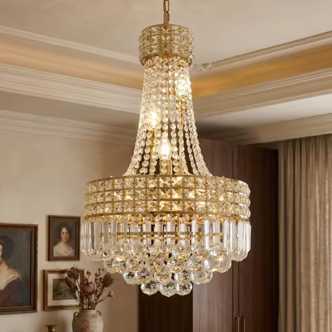 Luxury Gold Empire K9 Crystal Chandelier, 6-Light Adjustable Height Hanging Light Fixture for dining