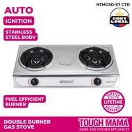 Tough Mama NTMGSD-S7CTD Stainless Steel Double Burner Gas Stove Auto-ignition Black Trivet