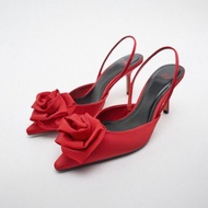 Spain ZARA Home Autumn Women's Shoes Red Flower Decoration Slingback High Heel Shoes 2023