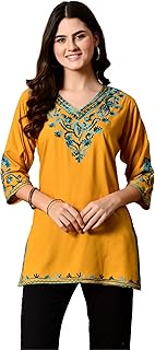 Women's Embroidered Kashmiri Tunic Top, Short Kurti on Jeans, V-Neck, 3/4 Sleeve, Floral Design