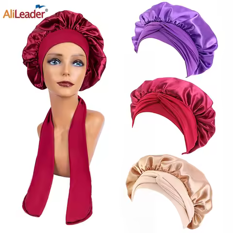 New Large Satin Bonnet Silk Night Sleeping Cap Long Satin Bonnet With Head Tie Band Bonet Edge Wrap 