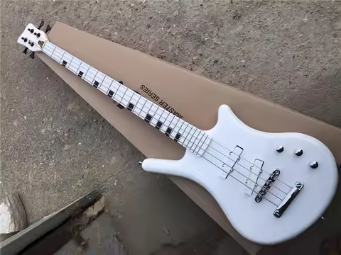 4 Strings White Neck-thru-Body Electric Bass Guitar with Black Inlays,Offer Customization