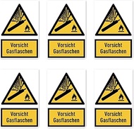 Sticker 75 x 50 mm, Pack of 6 – Caution Gas Bottles – Warning Sign with Text (German) (Yellow/Black)