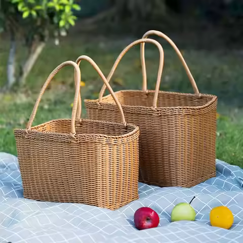 Woven Picnic Basket Multipurpose Wicker Basket Totes Storage Basket with Handle Rustic Life Shopping