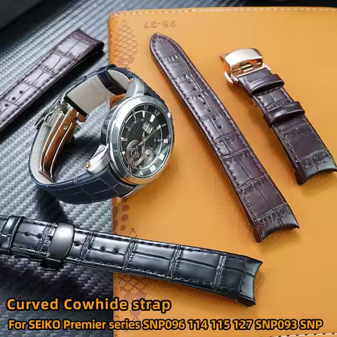 Curved Cowhide Strap for SEIKO Premier Series SNP096 114 115 127 SNP093 SNP Men Watch Band 21mm Watc