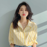 MUJI MUJI สีเหลืองสีขาวแนวตั้งลายเสื้อผู้หญิง 2024 ฤดูร้อนใหม่เสื้อยุโรปเสื้อเล็ก น้อย ๆ ทะเล