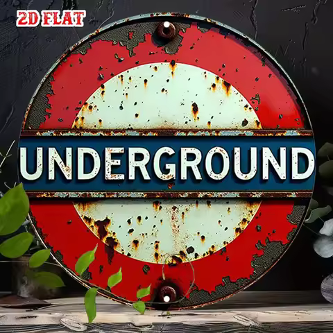 2D Flat 1pc Vintage London Underground Metal Sign Rustic Tube Station Decor with Red & Blue Color Sc