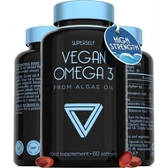 Vegan Omega 3 Capsules - High Strength DHA from Algae Oil with Flaxseed Oil, Astaxanthin, Vitamin E 