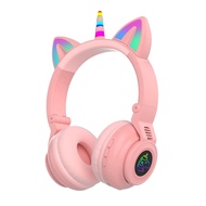 Pink Unicorn Cute Cat Ear LED Wireless Bluetooth Kids Noise Cancelling Headphones Birthday Present H