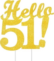 Hello 51 Cake Toppers Gold Glitter, Happy 51st Birthday Cake Decorations Cheers to 51 Years Party De
