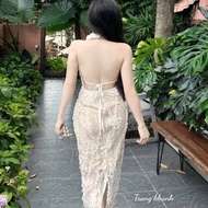 Long 2-strap dress, embossed floral lace dress with twisted neck C261(Z4)