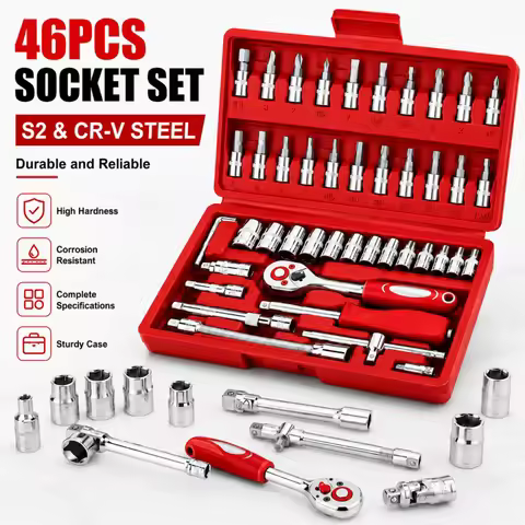 46 Pcs Professional Ratchet Set Car Repair Kit red Toolbox Auto Maintenance Essentials Mechanic Tool