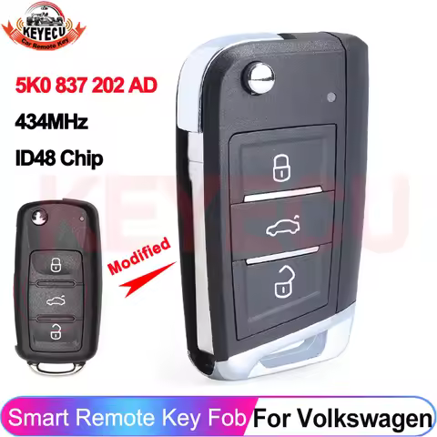 KEYECU Upgraded Remote Key 434MHz ID48 Chip For VW Volkswagen GOLF PASSAT Tiguan Polo Jetta Beetle S
