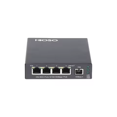 Hioso 4GE PoE ONU GPON unmaanged XPON OLTs DBA SLA vlan SNTP IGMP SC/PC IPTV IEEE802.3 QoS DC48V IEE