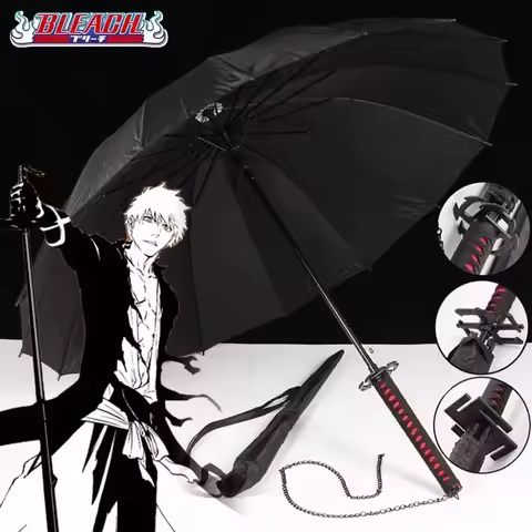 Kurosaki Ichigo Katana Umbrella Long UV Blocking Black Parasol Anime Bleach Aizen Japanese Katana Sa