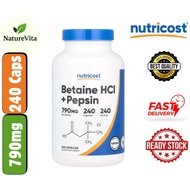 [Ready Stock] Nutricost, Betaine HCL + PepsiNutricost 790mg Betaine HCL Plus Pepsin 240 Capsules Gas