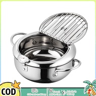 【Ready Stock】Deep Fryer Pot Tempura Frying Pan 304 Stainless Steel Flat Bottom Japanese Style Cookware W/Lid &amp; Temperature Control Thermometer