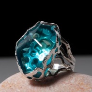 精致的蓝色琥珀银戒指波罗的海琥珀戒指