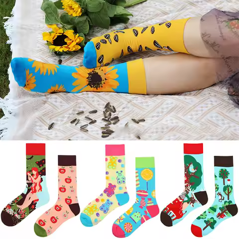 2025 New Animal Pattern Puppy Cat AB Asymmetric Mandarin Duck Trendy Socks Medium Long Tube Cotton L