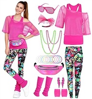 80s 90s Outfit Women's 20 Pieces 80s Retro Costume Off Shoulder Mesh Shirt Women with Leggings Neon 