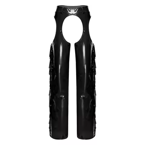 Mens Shiny Tassel Side Seams Wide Leg Long Pants Glossy Chaps Latex Pants Hollow-out Crotch And Thig