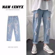 M-5XL Elastic Waist Ripped Jeans Loose Straight Korean Version Trendy Trousers Boys Pants Ankle-Leng