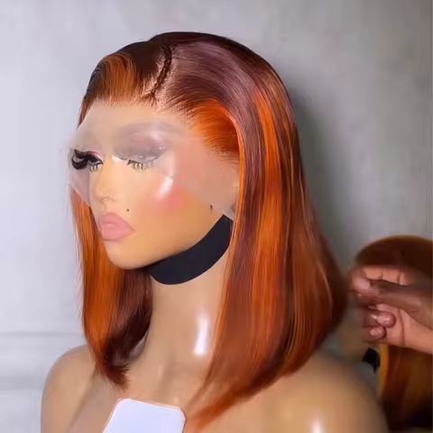 13x4 Straight Lace Front Bob Wig 100% Human Hair Wigs Ginger Orange Silky 200% Density Highlight Ora