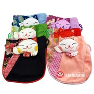 กระเป๋าผ้าญี่ปุ่น ถุงผ้าแมวกวัก หูรูด แถมฟรี!!! กระพรวนแมวกวักนำโชค