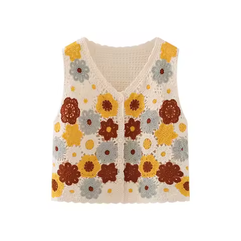 Embroidery Floral Crochet Tank Top Sleeveless V-Neck Button Front Vest Blouse Cardigan Women Summer 