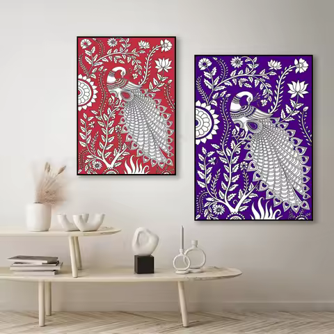 Peacock Painting Wall Art, Peacock Poster Print, Indian Folk Art, Line Drawing, Tree of Life