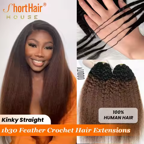 T1B/30 Kinky Straight Feather Crochet Hair Extensions Pre-Separated Knotless Ombre Color Feather Cro