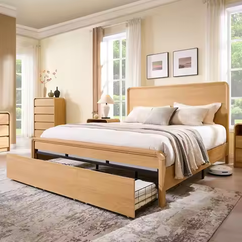 Modern King Size Bed Frame with 50" Tall Headboard, Wood King Size Platform Bed Frame w/3 Storage Dr