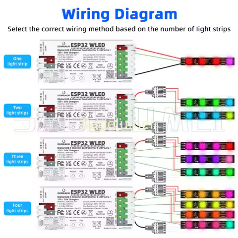 DOMRAEM ESP32 WLED Controller Sound Reactive Mic 4 Output 16A Fuse PD 5V/12V/20V DC 5-24V for WS281X