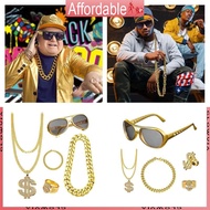 GLO 80 90s Hip Hop Costume Outfit Kit Necklace Rings Sunglasses Hat Rapper Accessory