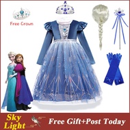 Elsa Frozen Chirtsmas Dress For Girls Mesh Princess Dress with Wig Crown Wand Gloves Full Set Halloween Kids Clothes Cosplay Birthday Gift Party Wear