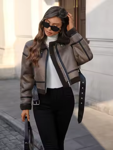 Women's Faux Leather Sherpa Motor Jacket Bomber Aviator Cropped Coat
