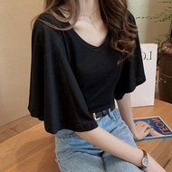 Oversized Korean Version Short-Sleeved t-Shirt Women Cover Fat mm Loose Slimmer Look V-Neck Short To