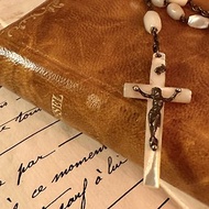 30048法國古董天主教珍珠母貝純銀十字架項鍊Antique French Rosa
