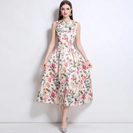 Nữ Cao Cấp Đế Quốc Eo Đầm Không Tay 3D Hoa Dài Đến Đầu Gối Vòng Cổ Cổ Thương Hiệu Trung Quốc Mùa Hè