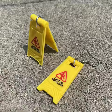 1 pair of warning words foldable earrings special novelty funny CAUTION WET FLOOR