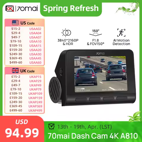 70mai Global New Cam A810 Ultra HD 4K AI Motion Detection Car DVR Support Rear or Parking Montioring