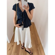 ALLO women's ruffled V-neck short-sleeved shirt summer new short lace-up top 30277