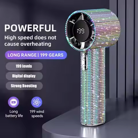 Luxury Full Diamond Portable Handheld Mini Fan, USB-C Rechargeable Turbo Fan, Speed Ajustable Quiet 