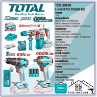 Total TCKLI20638 3 Pcs | 28mm Rotary Hammer | 66Nm Drill | 400Nm Impact Wrench Combo | x2 5.0Ah Batt