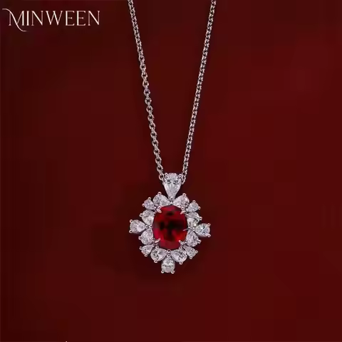 2.5ct 5A Lab Grown Ruby Necklace For Wowen Red Diamond 925 Silver Plated 18k Gold Necklace